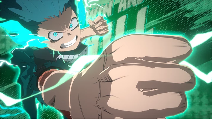 Izuku Midoriya Full Cowling 100% throws a punch wreathed in green lightning, wearing a torn dark top and a mouth guard.