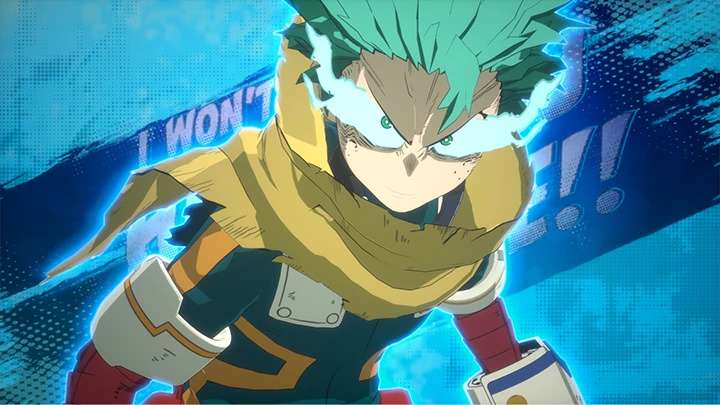 Izuku Midoriya in the One For All costume, a yellow scarf over a dark hero suit, eyes glowing under a blue aura.