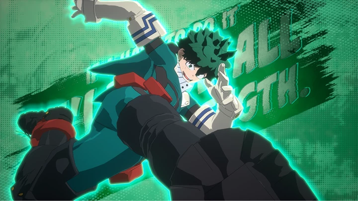 Izuku Midoriya in Shoot Style launches a kick in a teal and black suit with red belt accents and a green energy outline.