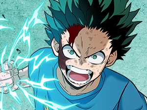 Close portrait of Izuku Midoriya Rising shouting, with a scrape on his cheek and blue lightning around his raised fist.