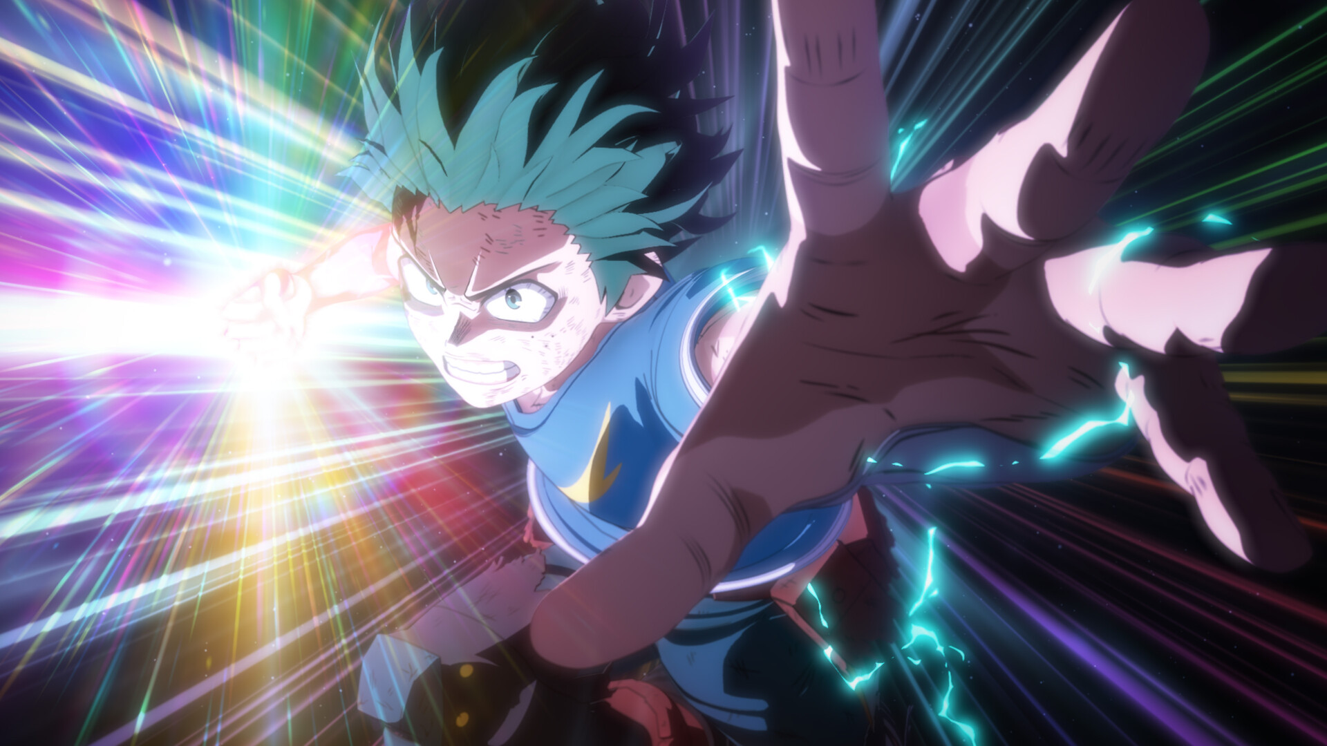 Steam store screenshot of Deku in a torn blue top lunging forward while a bright energy blast fills the background.